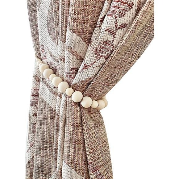 Set of 2 Curtain Tie Backs (Color Beads - Khaki Leather Cord) - Picture 2 of 5